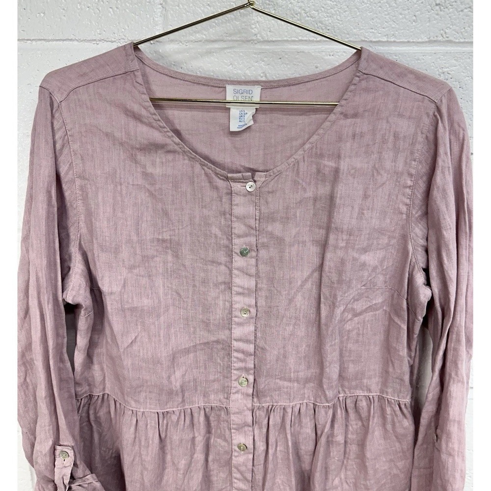 Sigrid Olsen Blouse Purple Linen Peplum Roll Tab / Women's Small‎